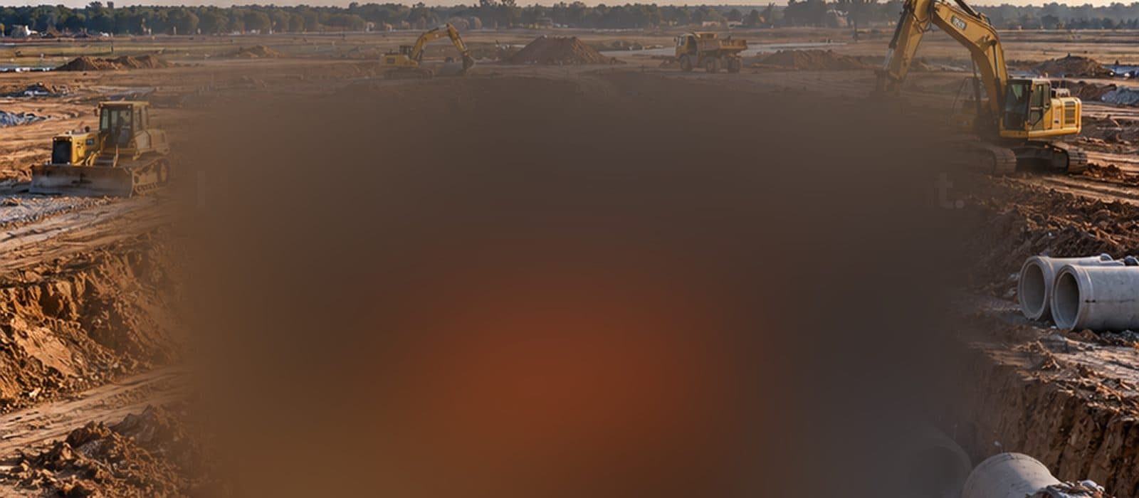 Excavators and dozers grading a large site with concrete pipe staged for underground utilities