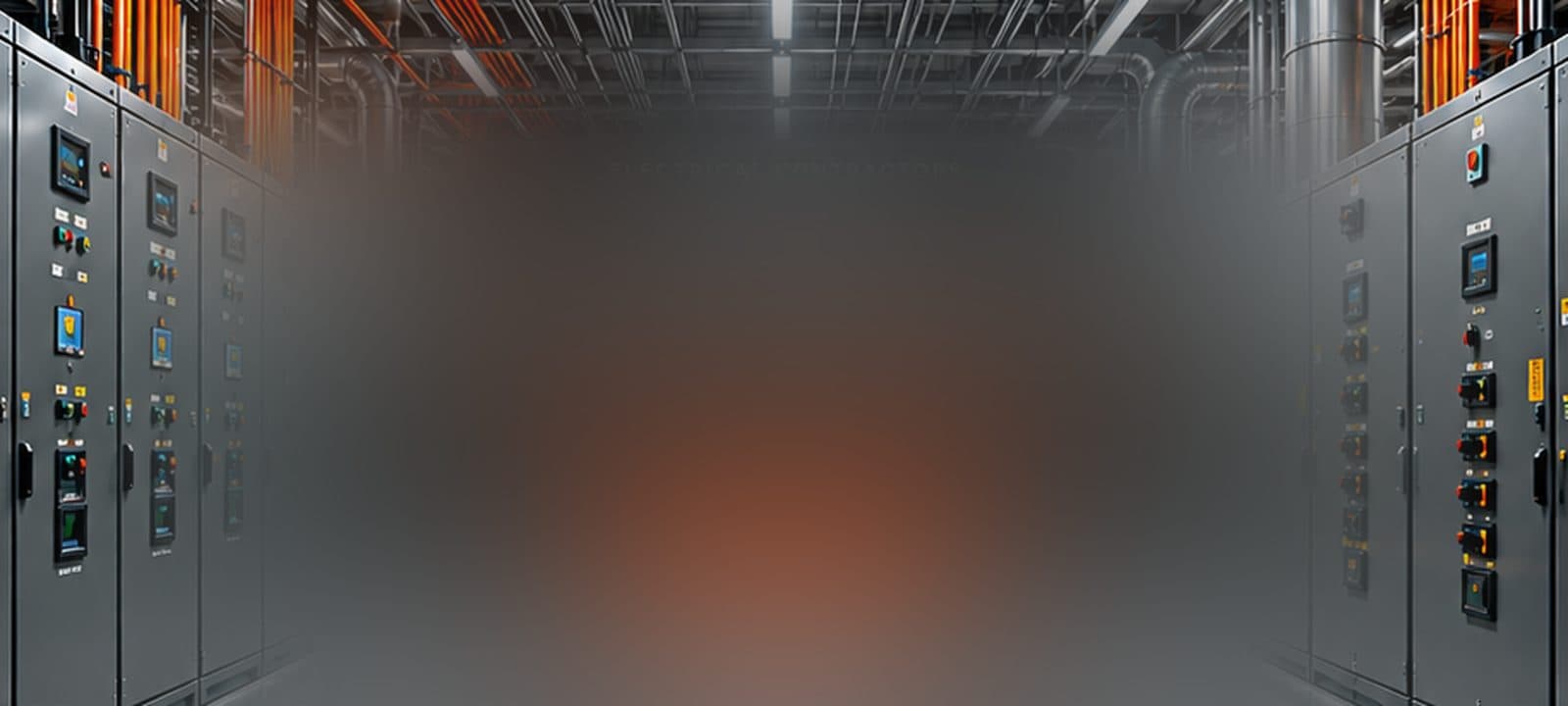 Rows of electrical switchgear cabinets in a plant electrical room