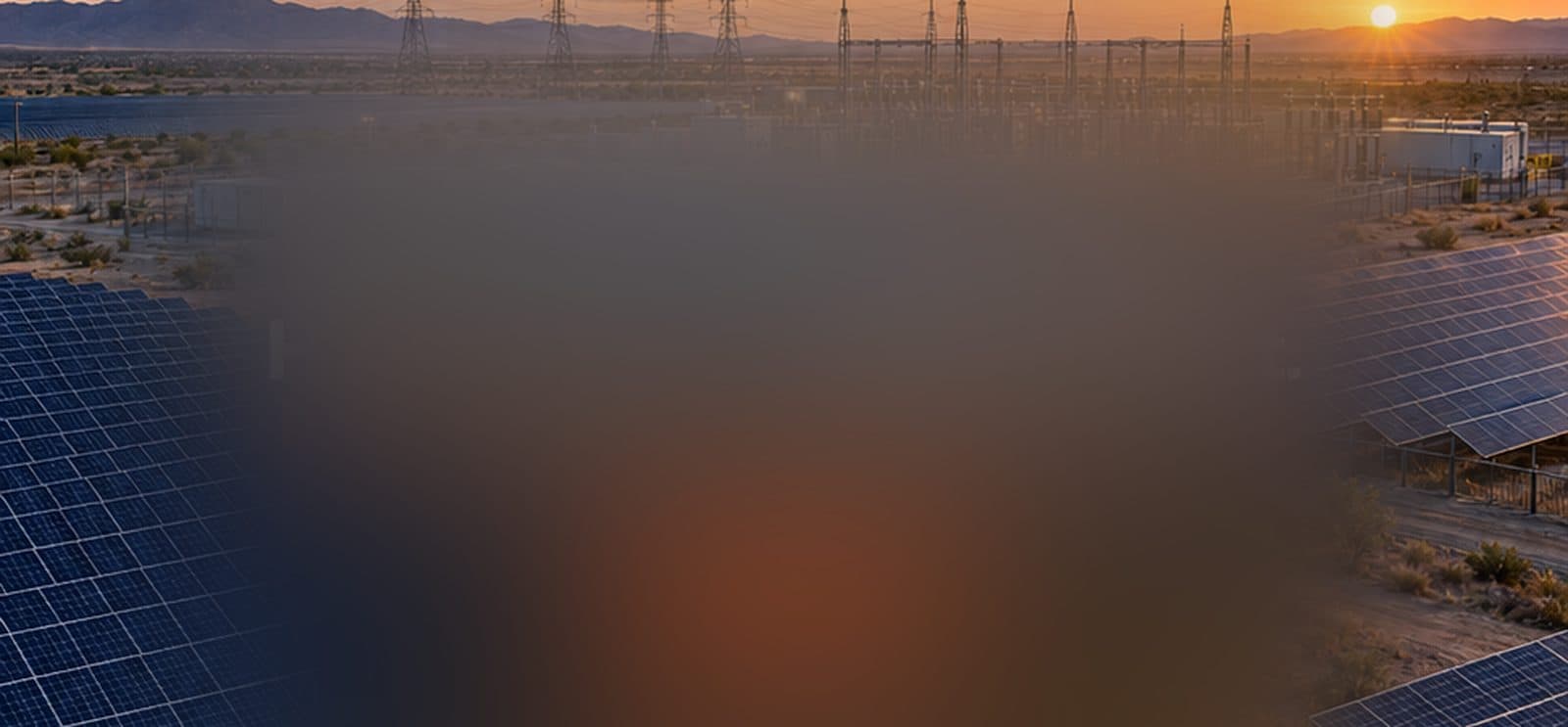Solar arrays and battery storage containers below transmission towers at sunset