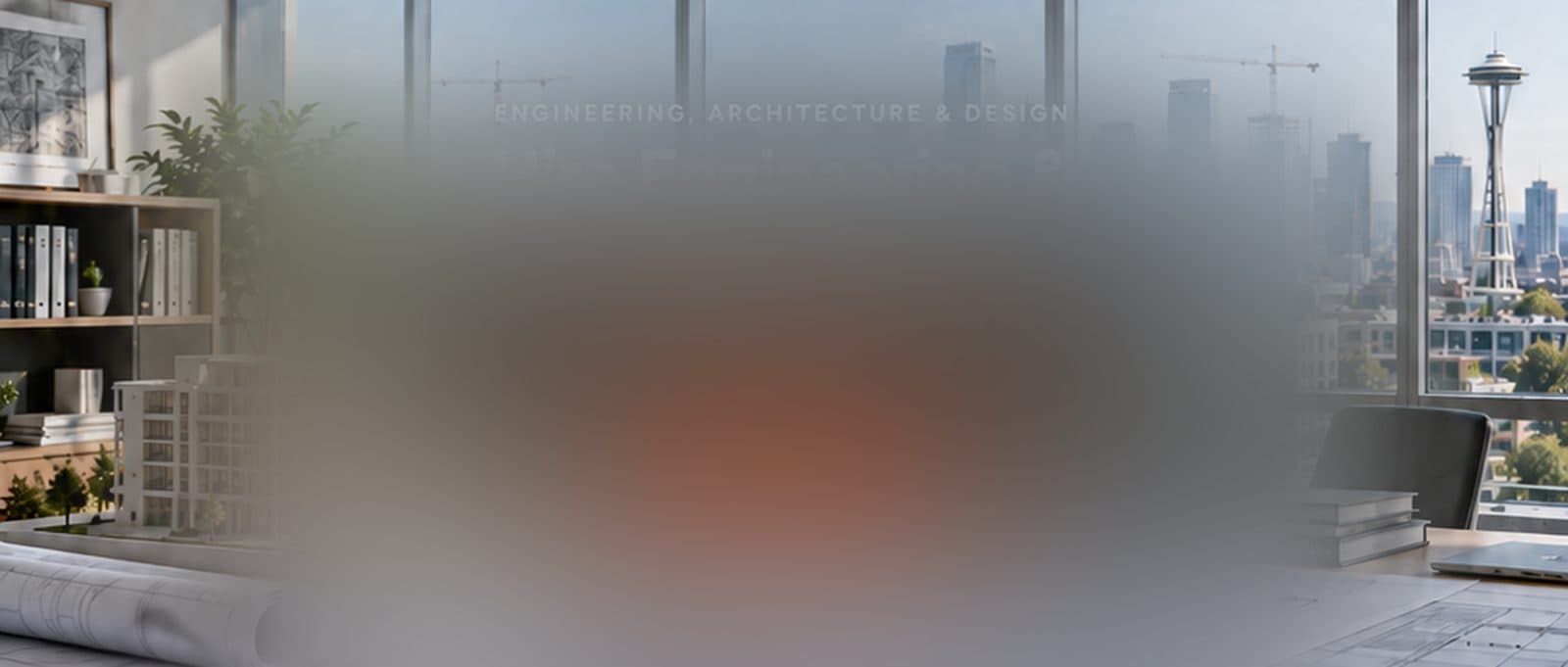 A design studio desk with an architectural model and drawings, city skyline behind