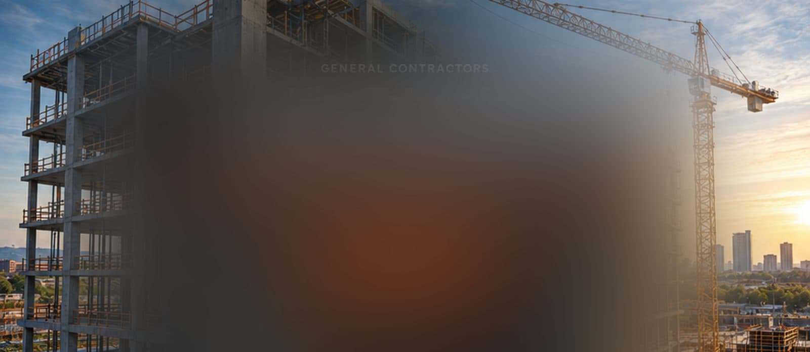 A concrete frame under construction with a tower crane at sunset