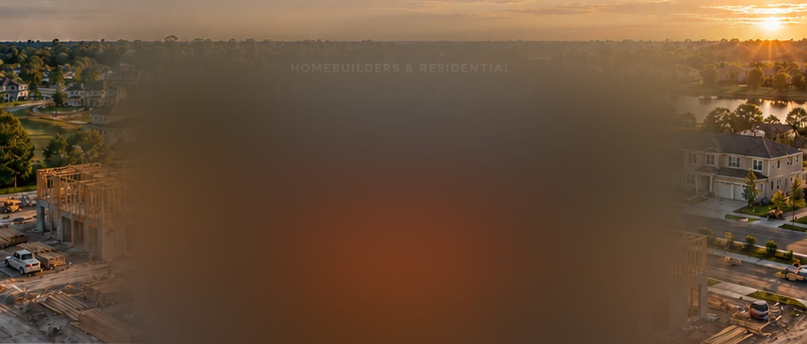 Timber-framed houses under construction in a new residential community at sunset