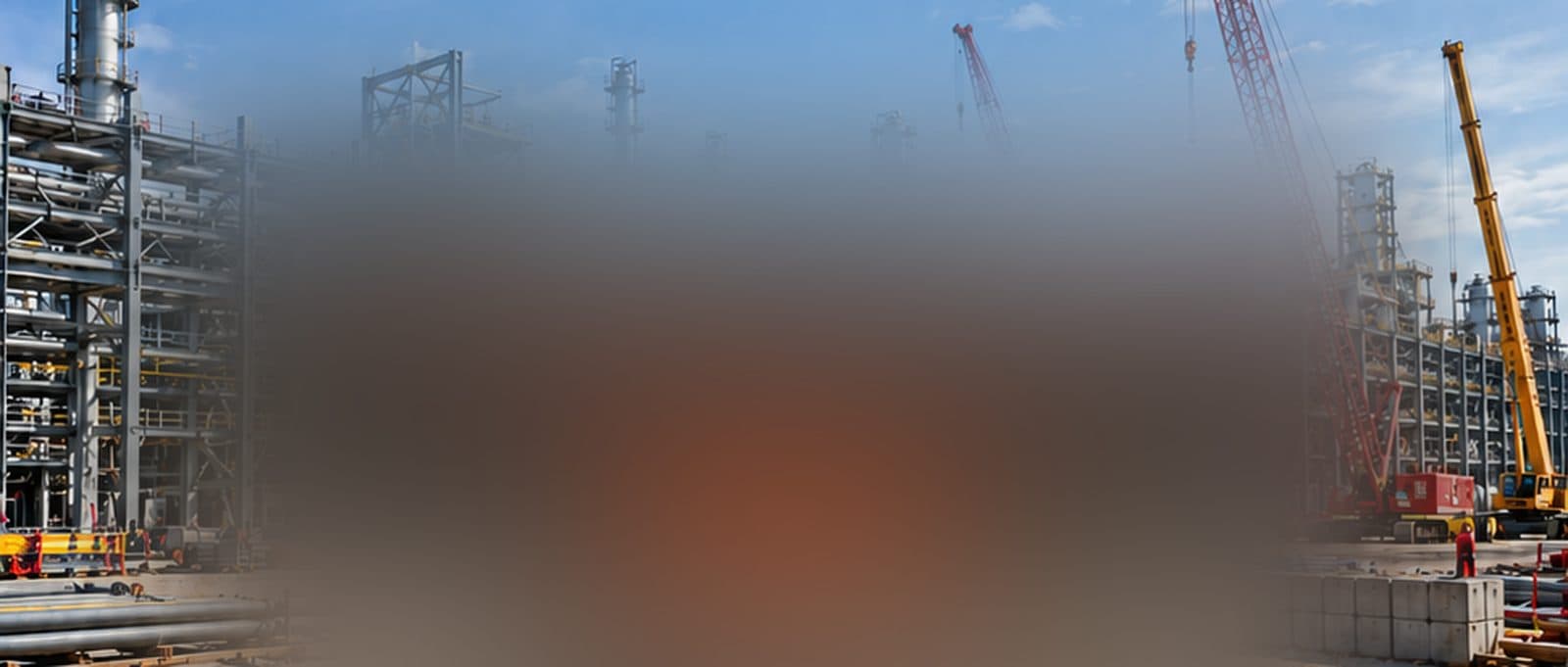 Crawler cranes lifting steel at a process plant under construction
