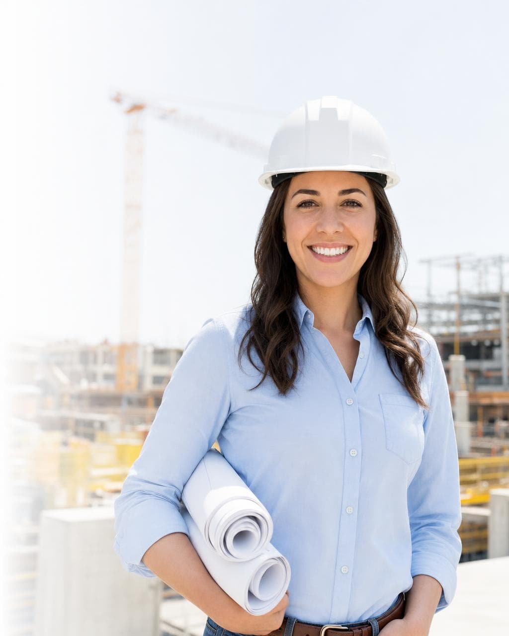 A civil engineer holding rolled drawings on a construction site