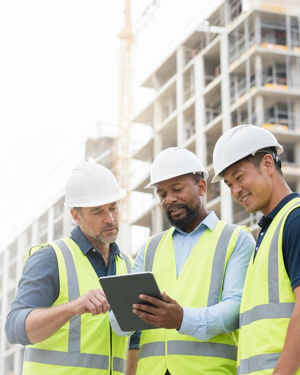 A crew of three reviewing a tablet on a commercial site