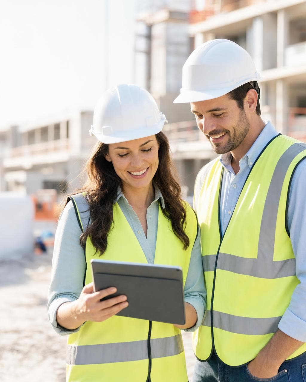A superintendent and a project manager reviewing a tablet on site
