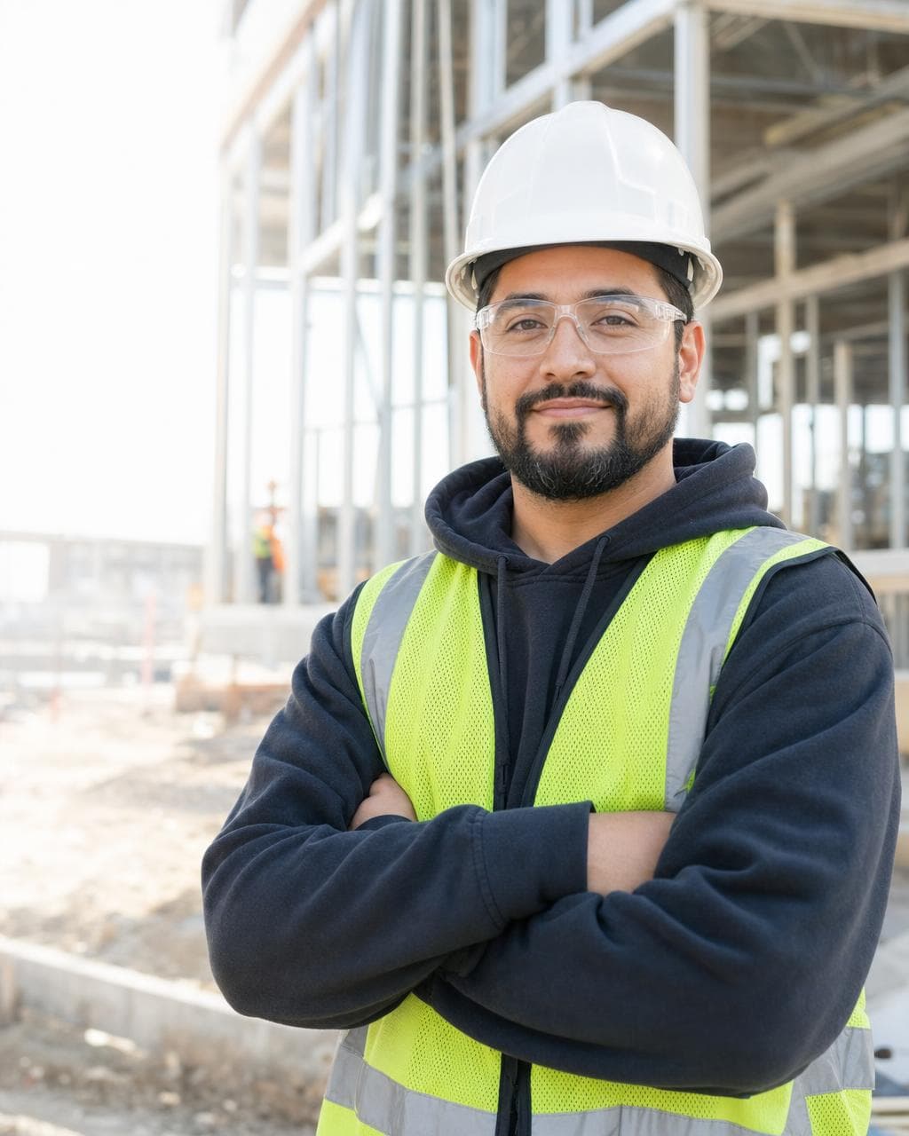 An electrician in a hi-vis vest and hard hat on a job site